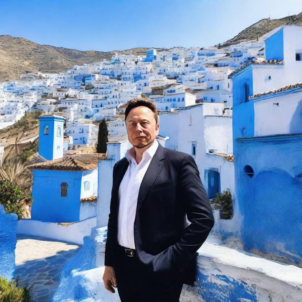 Elon Musk standing in the picturesque Chefchaouen town, characterized by buildings painted in various shades of blue