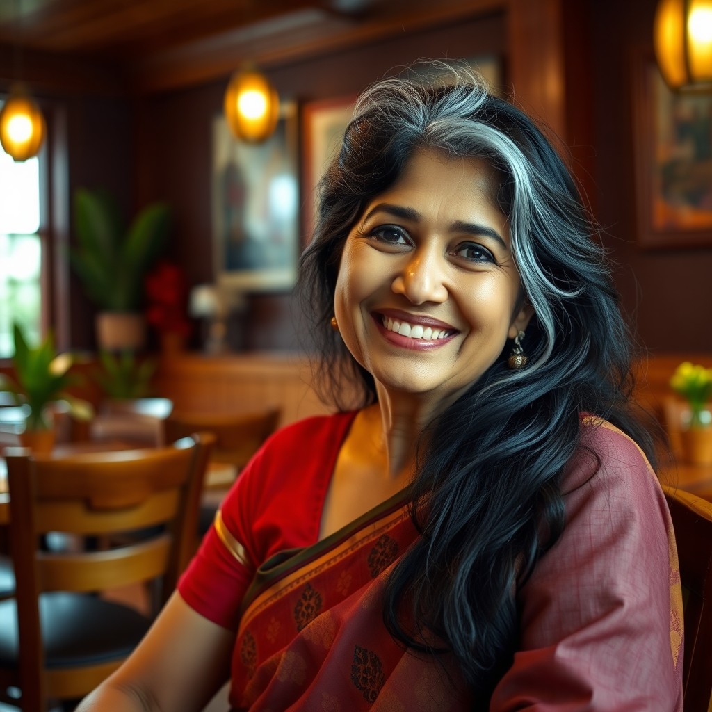 A realistic portrayal of a smiling Indian woman in her 50s, sitting in a cozy restaurant setting, looking up at the camera