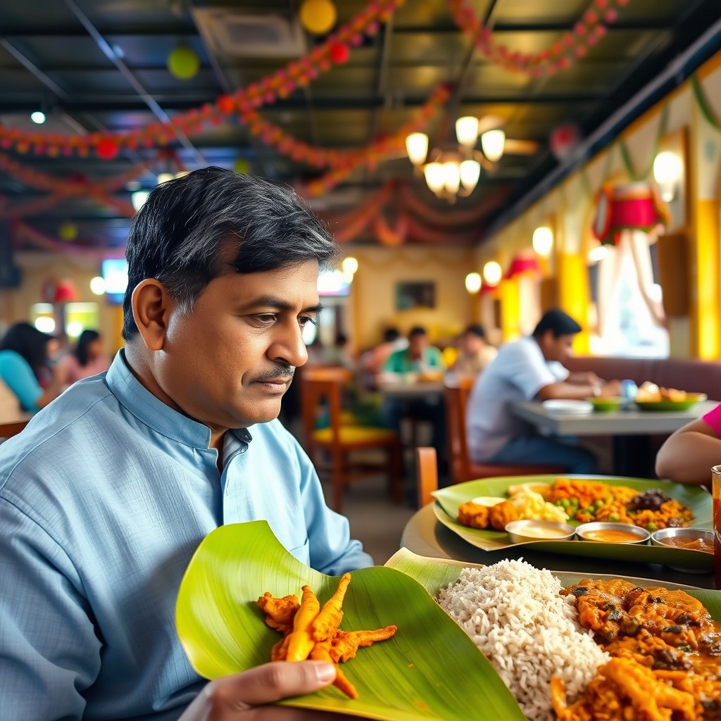 An Indian father in his 50s, sitting in a lively restaurant, enjoying a traditional banana leaf meal