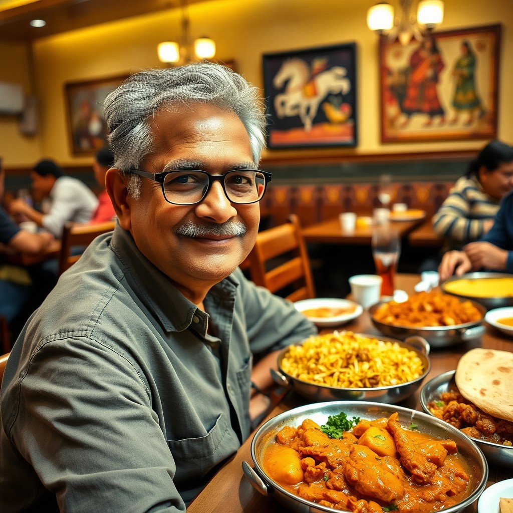 An Indian father in his 50s sitting in a cozy restaurant, directly looking at the camera with a warm smile