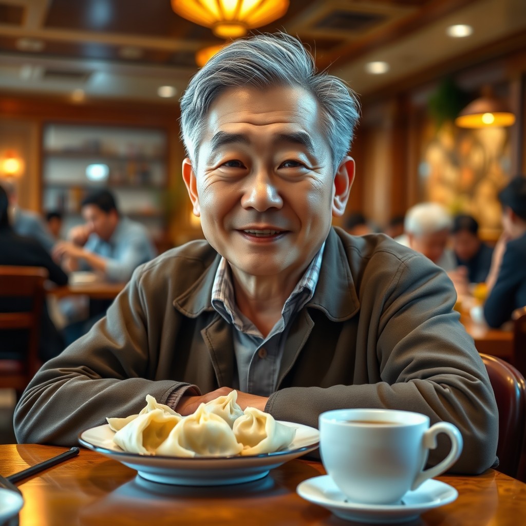A realistic portrait of a Chinese father in his 50s, casually sitting at a restaurant table
