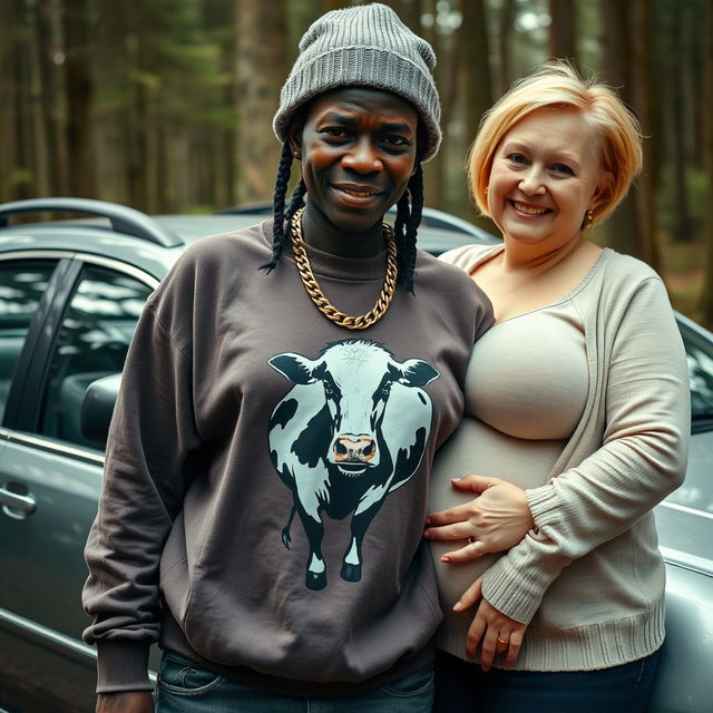 Next to a sedan in a forest, a wicked short African woman, aged 19 and appearing malnourished, is depicted wearing a sweatshirt with a cow graphic, a thick gold hip-hop chain, and a winter hat