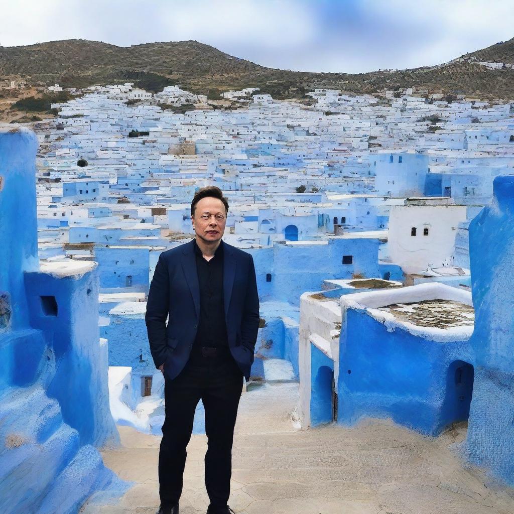 Elon Musk standing in the picturesque Chefchaouen town, characterized by buildings painted in various shades of blue