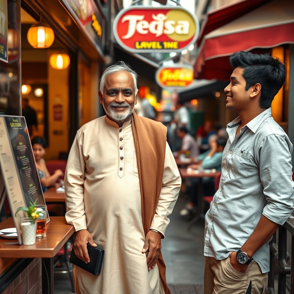 An Indian father in his 50s and his son in his late 20s standing outside a restaurant, looking at the menu, contemplating where to eat