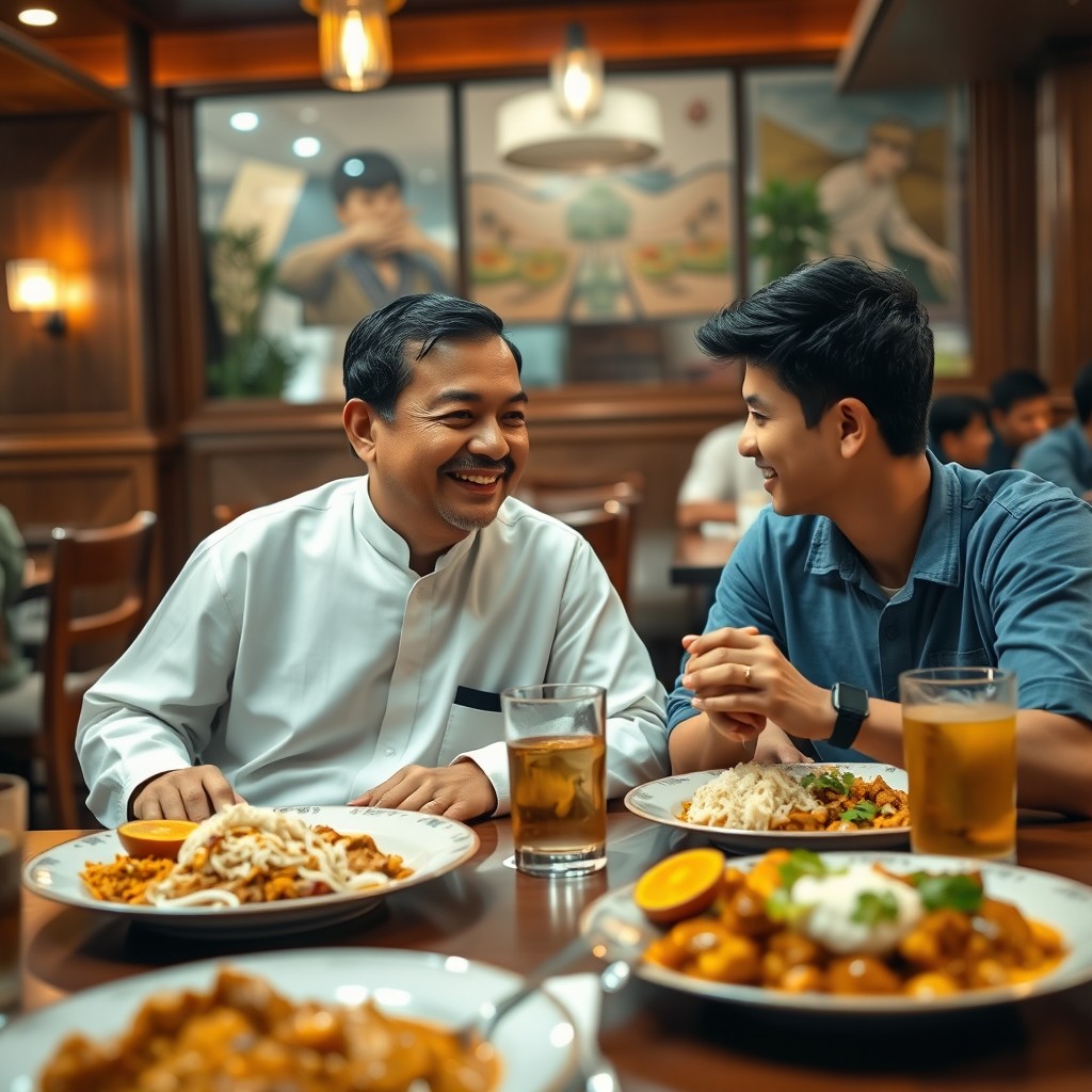A realistic scene of a Malaysian Indian father in his 50s, with short black hair and wearing a traditional white kurta, sitting at a table in a cozy restaurant