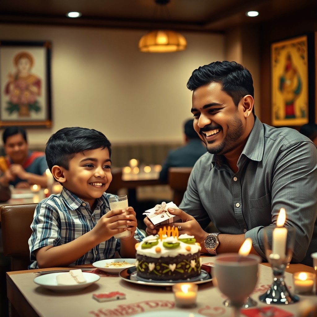 A realistic and warm scene of a Malaysian Tamil father and his son celebrating Father's Day in a cozy restaurant