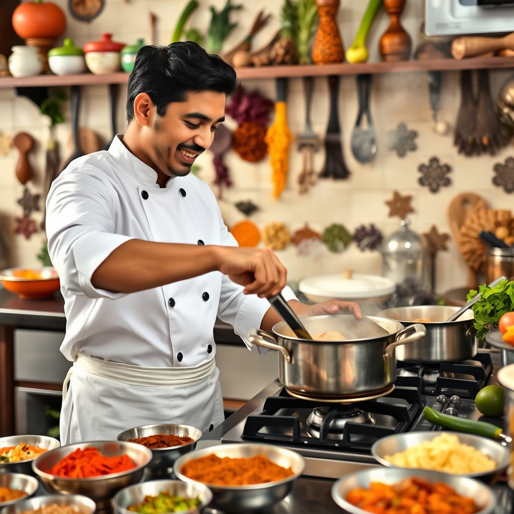 A skilled chef in a traditional Indian kitchen, expertly cooking a variety of vibrant Indian dishes
