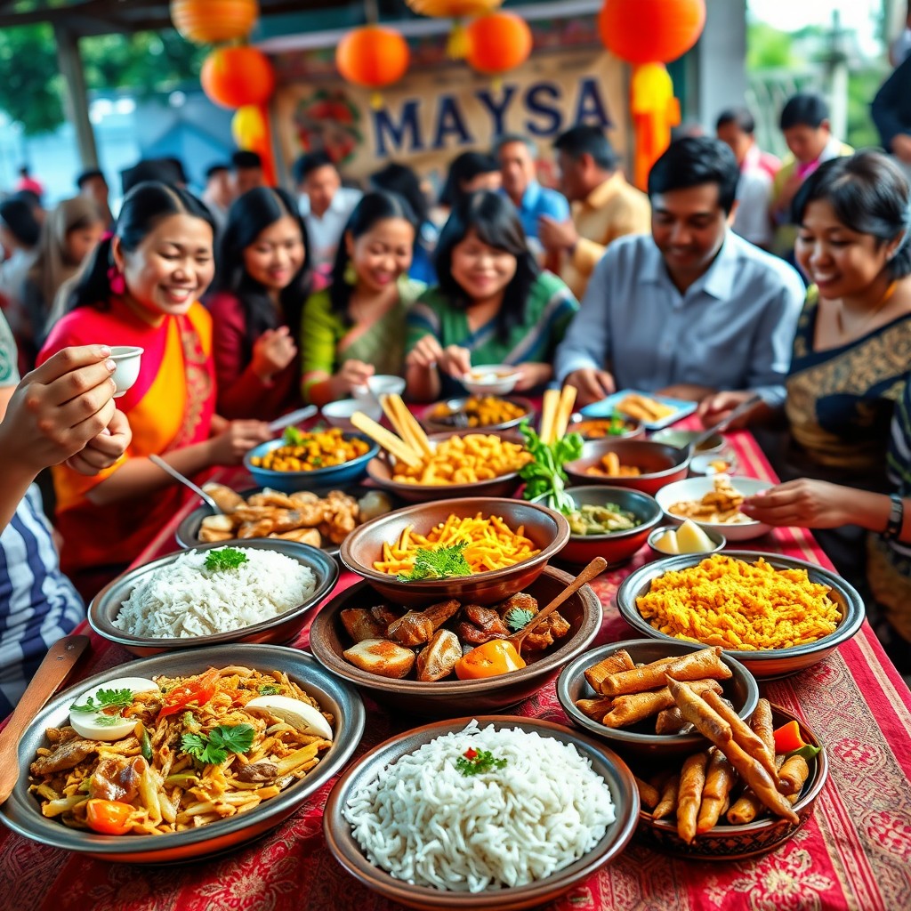 An artistic representation of Malaysian unity through food, showcasing a vibrant array of traditional dishes from diverse cultures such as Malay, Chinese, and Indian