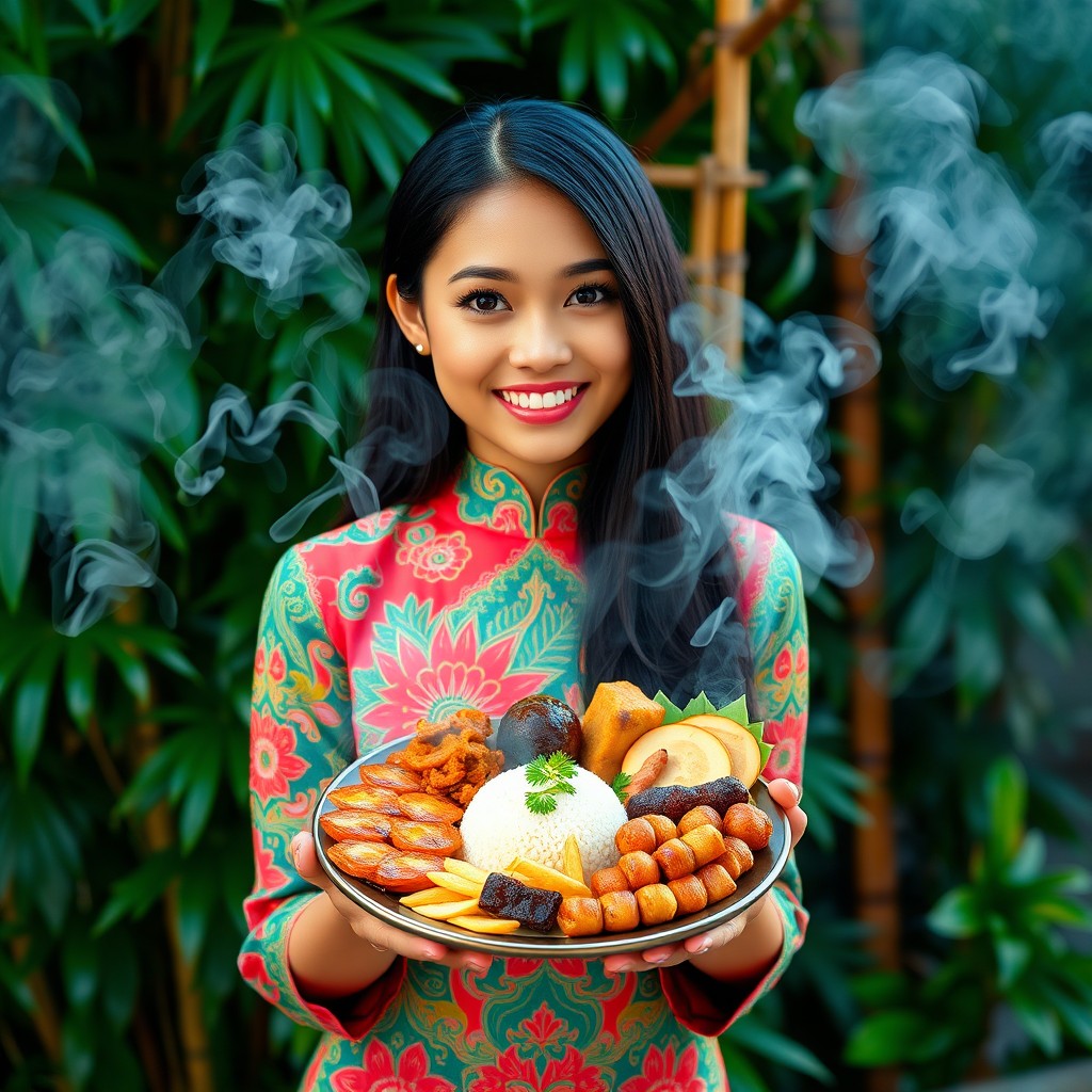 A beautiful Malaysian girl holding a colorful plate of traditional Malaysian food, showcasing a variety of dishes such as Nasi Lemak, Rendang, and Satay, surrounded by wisps of smoke that create an ethereal atmosphere