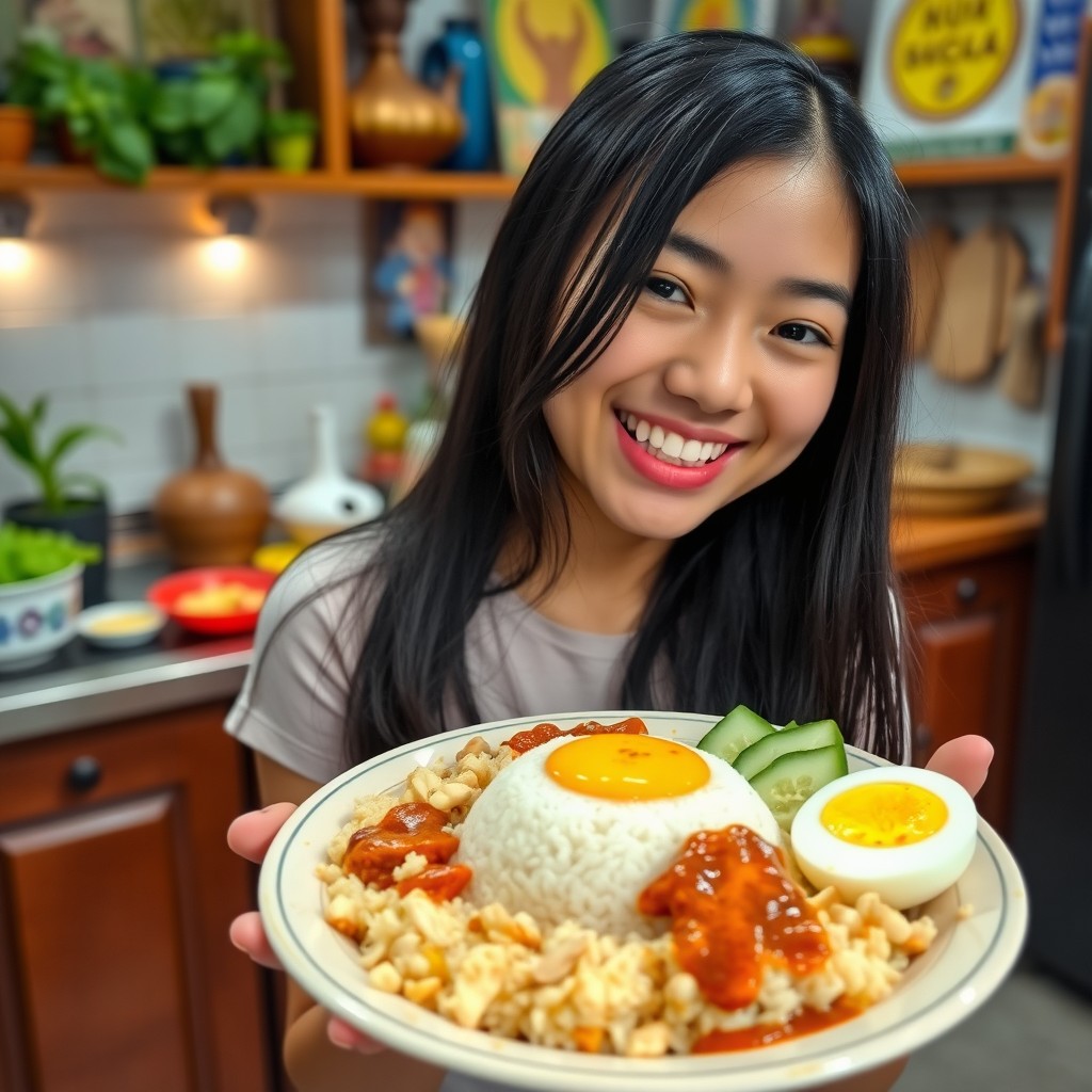 A Chinese girl, smiling and joyfully holding a traditional nasi lemak kam heing plate, adorned with vibrant colors typical of Asian dishes