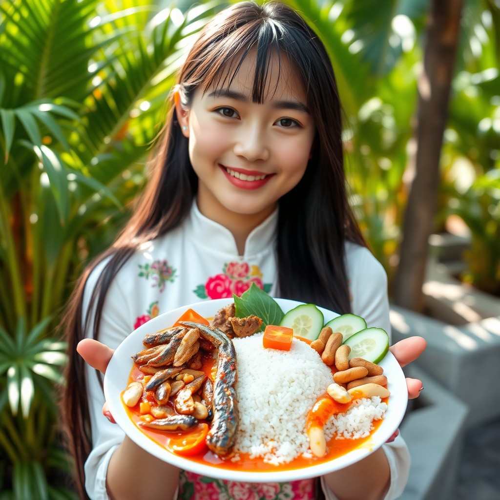 A beautiful Chinese girl with long flowing black hair, wearing a traditional Chinese dress, holding a colorful nasi lemak kam heing plate in her hands