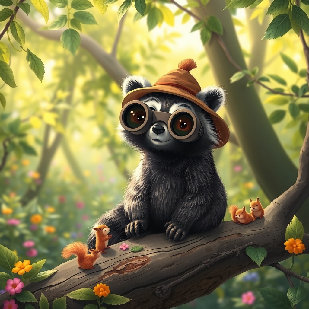 Whimsical Raccoon Adventure in a Lush Forest