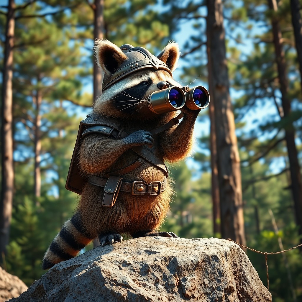 A fierce warrior raccoon standing on a rocky outcrop, wearing a medieval helmet and a small leather armor, observing the landscape through a pair of vintage binoculars