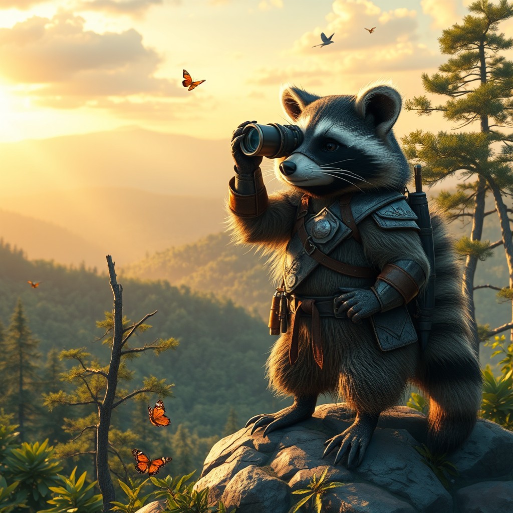 A brave warrior raccoon standing confidently on a rocky outcrop, holding binoculars to its eyes, surveying a lush forest landscape filled with vibrant greenery and distant hills