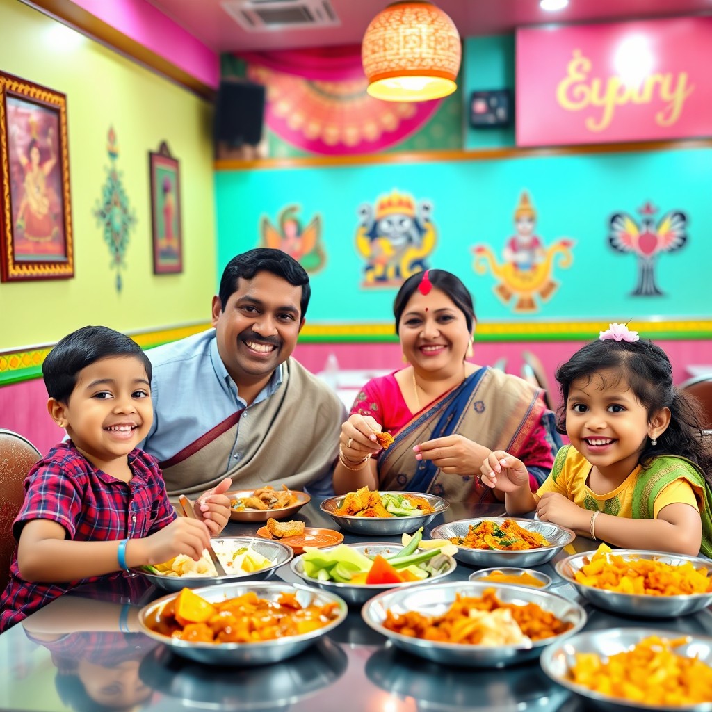 A cheerful Indian family enjoying a meal at a vibrant restaurant