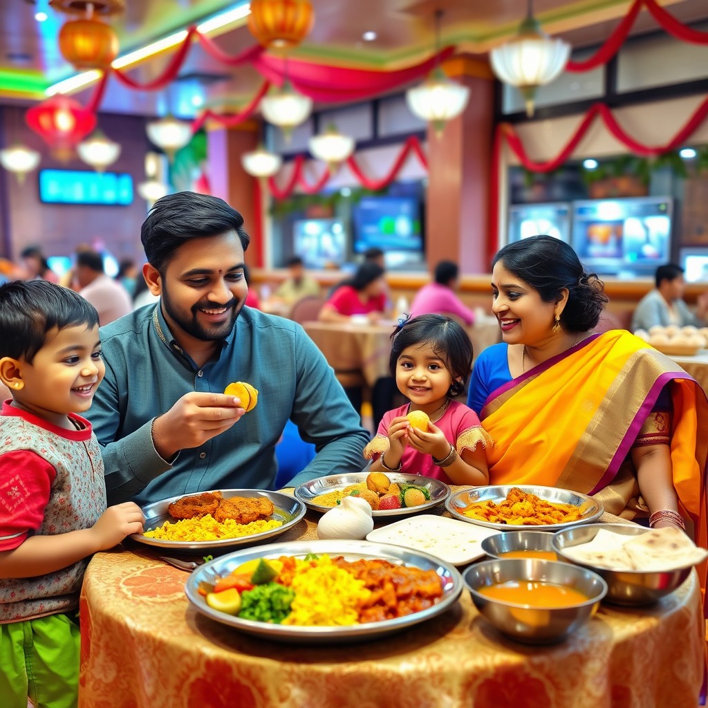 An Indian family enjoying a meal in a vibrant restaurant setting
