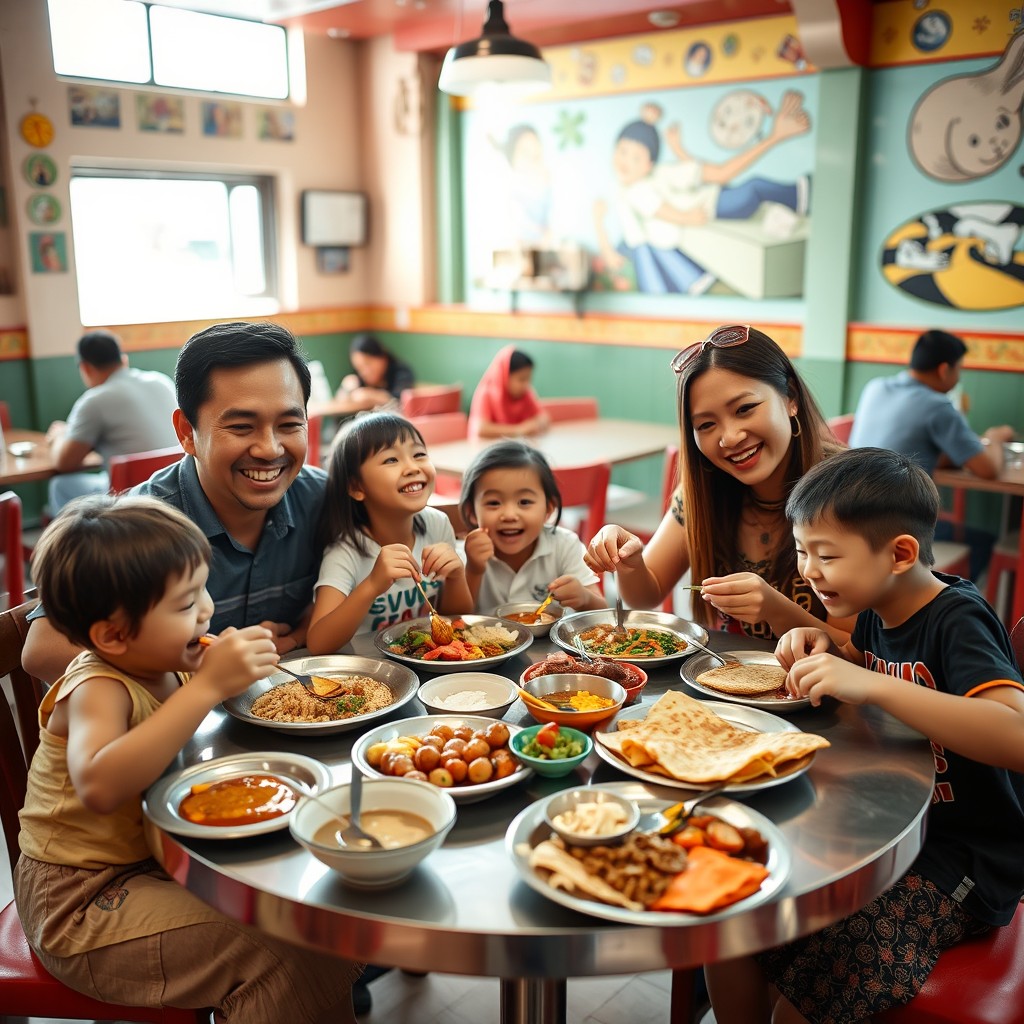 A warm and inviting scene of a Malaysian family enjoying a meal in a vibrant restaurant