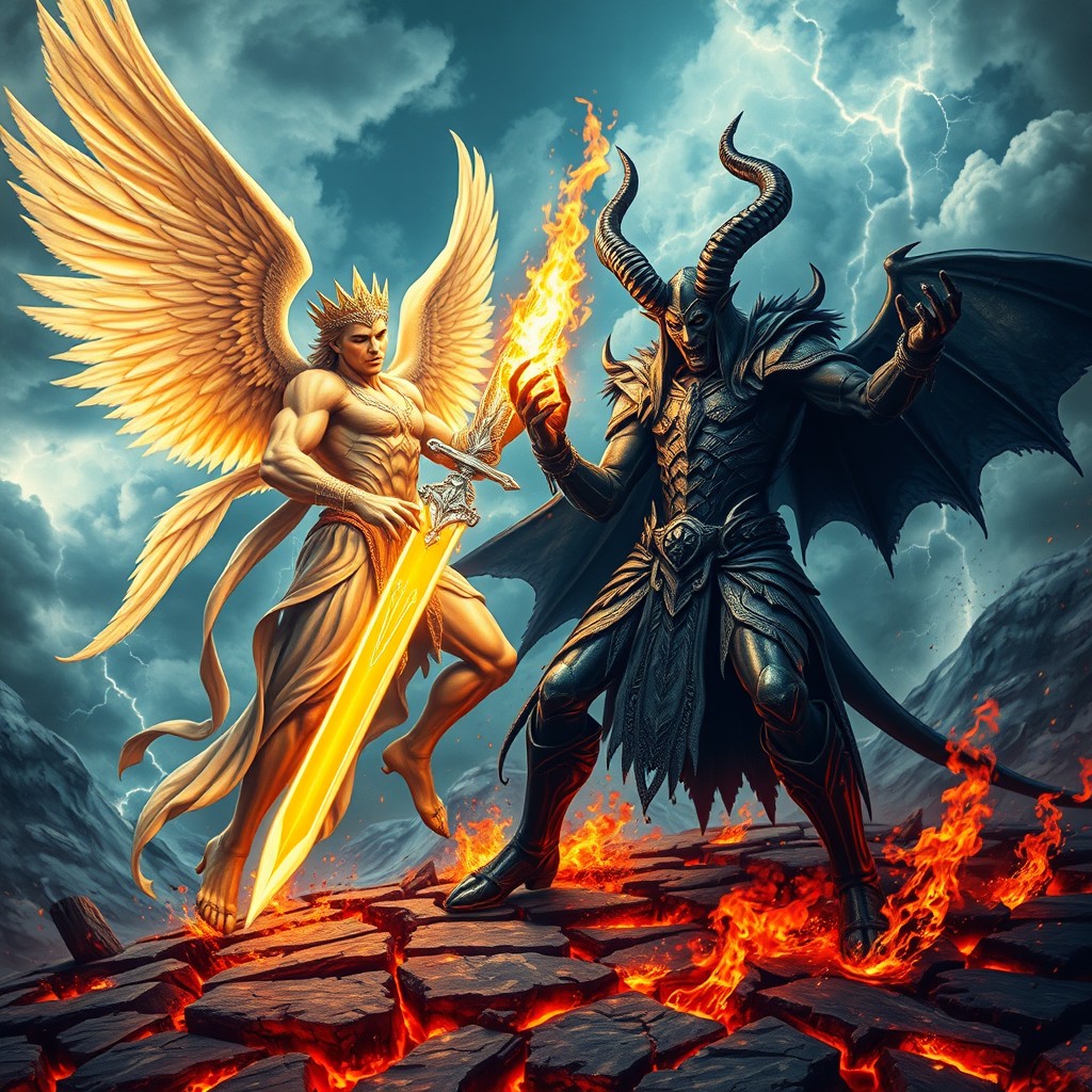 A dynamic and intense scene depicting an epic battle between Lucifer and Satan