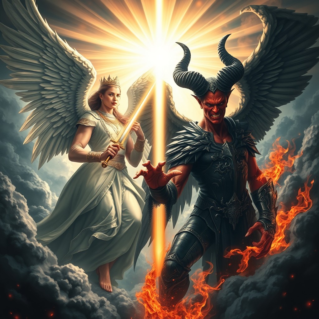 A powerful and dramatic depiction of the biblical confrontation between Lucifer and Satan, ensuring that it aligns with religious context
