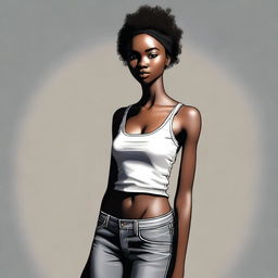 This is a high-quality digital art image of a slender ebony girl