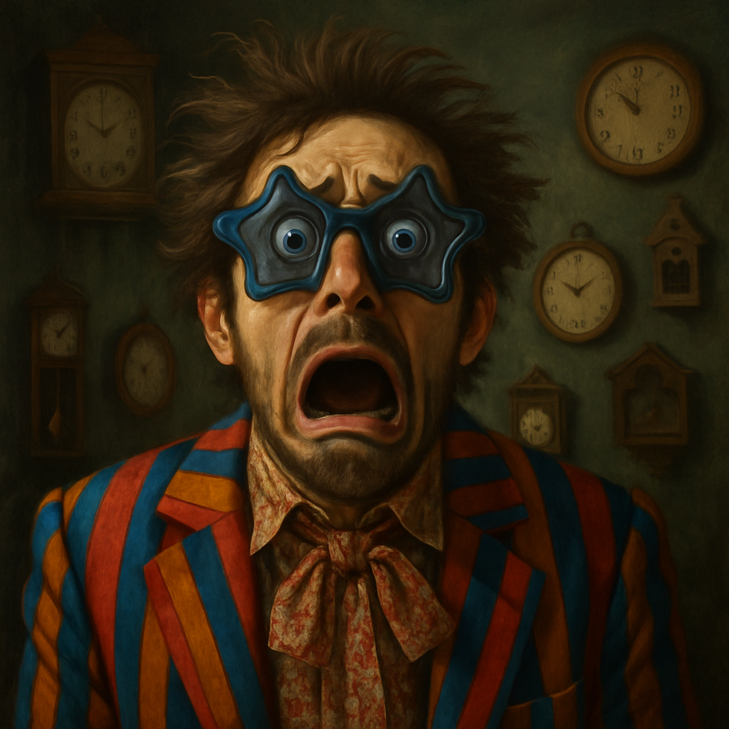 Foto realistica. Questo personaggio, con volto spaventato, in una stanza piena di orologi alla parete