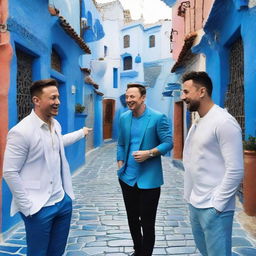 Elon Musk, Cristiano Ronaldo, and Lionel Messi conversing in the vibrant blue streets of Chefchaouen, Morocco.