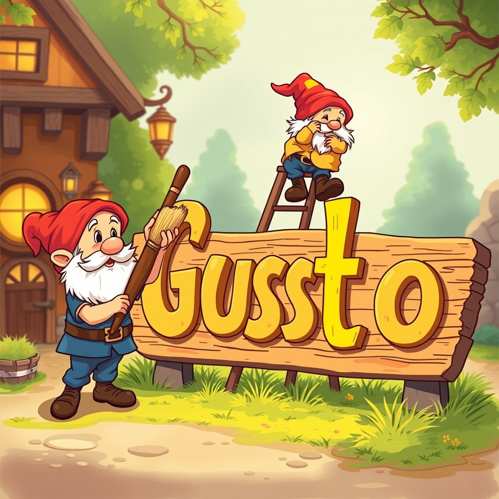 A vibrant and cheerful scene featuring whimsical cartoon dwarfs working together harmoniously