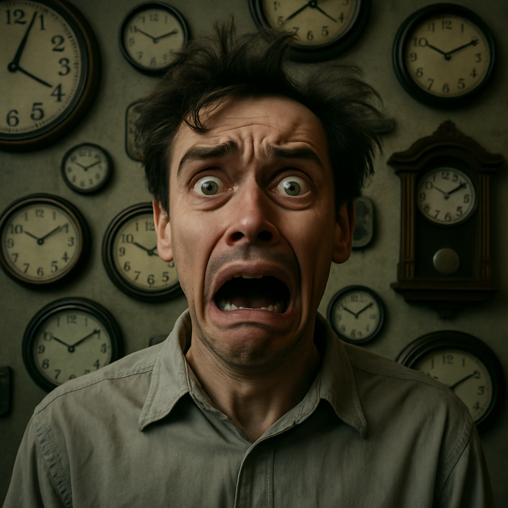 Foto realistica. Questo protagonista con volto spaventato. Ambiente pieno di orologi a parete