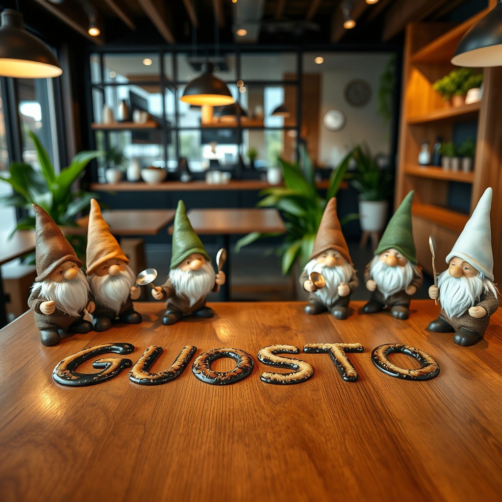 Inside a warm and friendly atmosphere of the café and restaurant GUOSTO, several small gnomes work enthusiastically and diligently to write the name GUOSTO using coffee itself