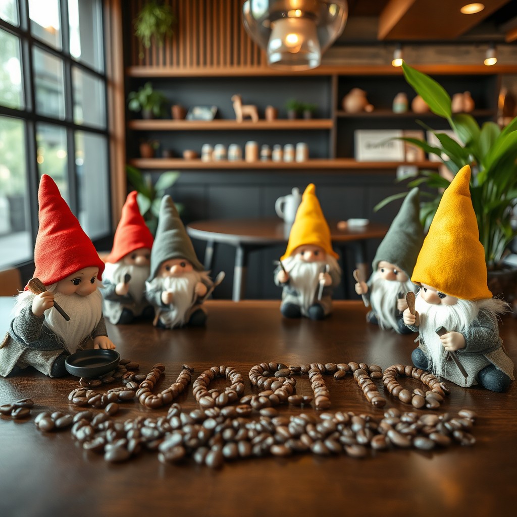 Inside a warm and friendly atmosphere at the GUOSTO café and restaurant, a group of small gnomes enthusiastically and seriously works on writing the name 'GUOSTO' using coffee