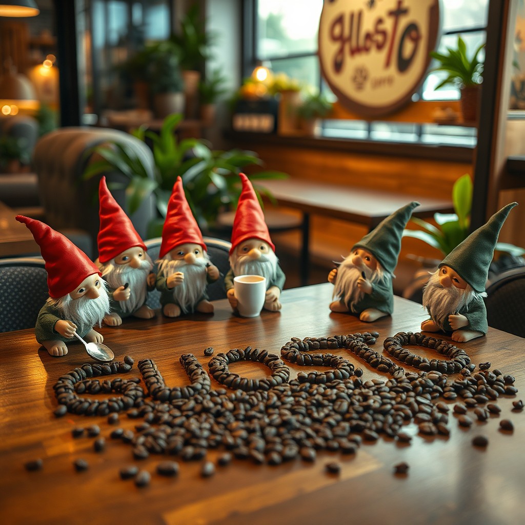 Inside the warm and friendly atmosphere of GUOSTO café and restaurant, several small gnomes are enthusiastically and diligently working on writing the name 'GUOSTO' using coffee itself