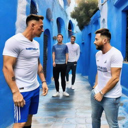 Elon Musk, Cristiano Ronaldo, and Lionel Messi conversing in the vibrant blue streets of Chefchaouen, Morocco.