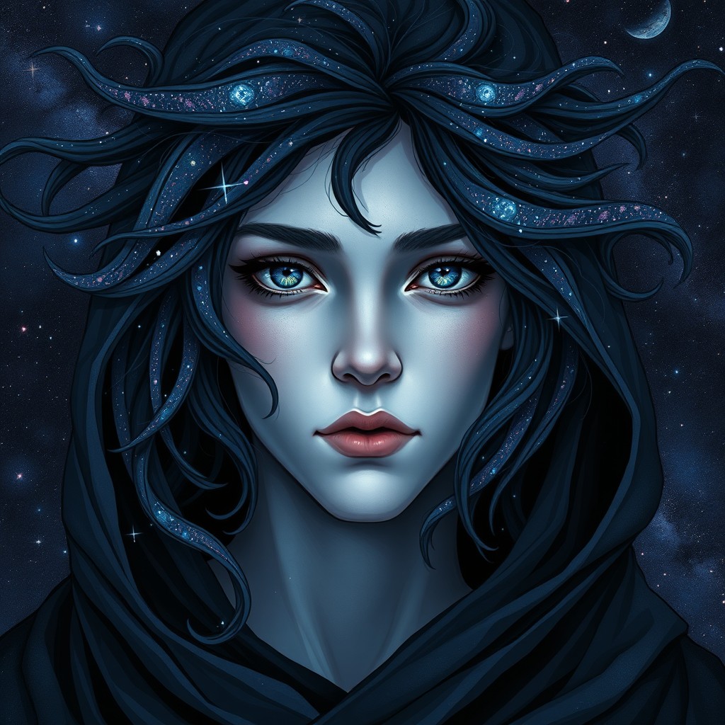 A human stargazer, depicted with a mysterious and contemplative expression