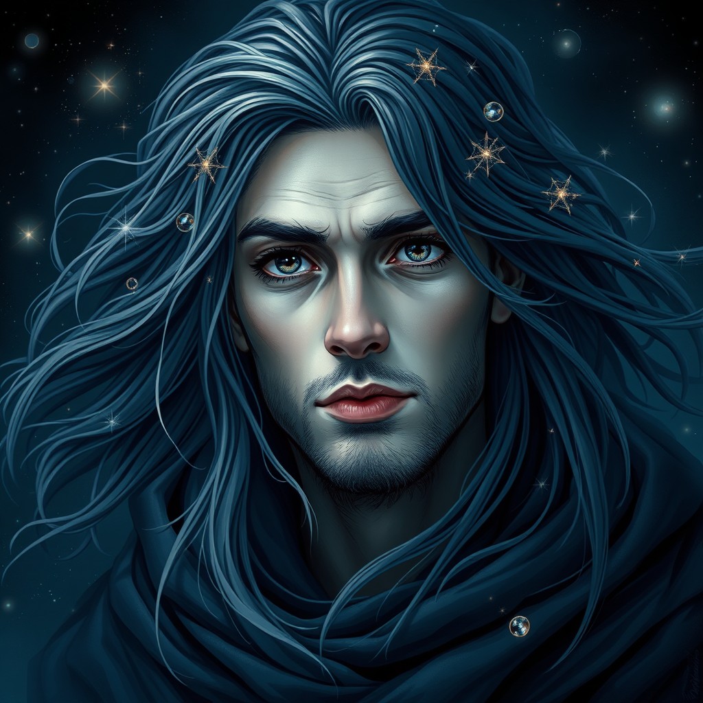 A male human stargazer, portrayed with an intense gaze that reflects wonder and curiosity