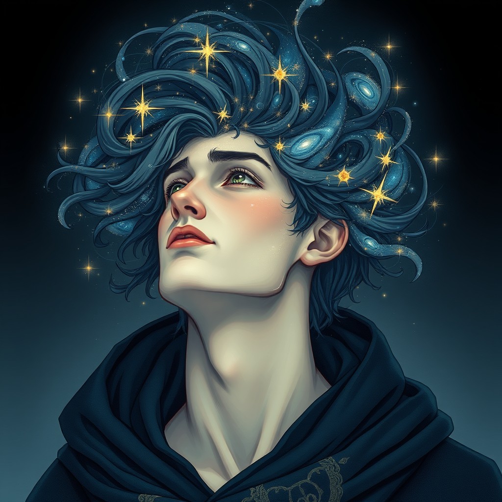 A male human stargazer, depicted with a contemplative expression as he gazes upward