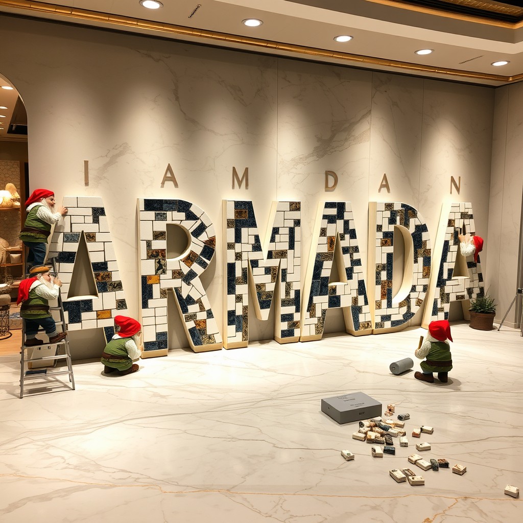 A luxurious ceramic and marble store filled with creativity, featuring a group of dwarfs diligently working on forming the store's name 'ARMADA' with real pieces of ceramic and marble