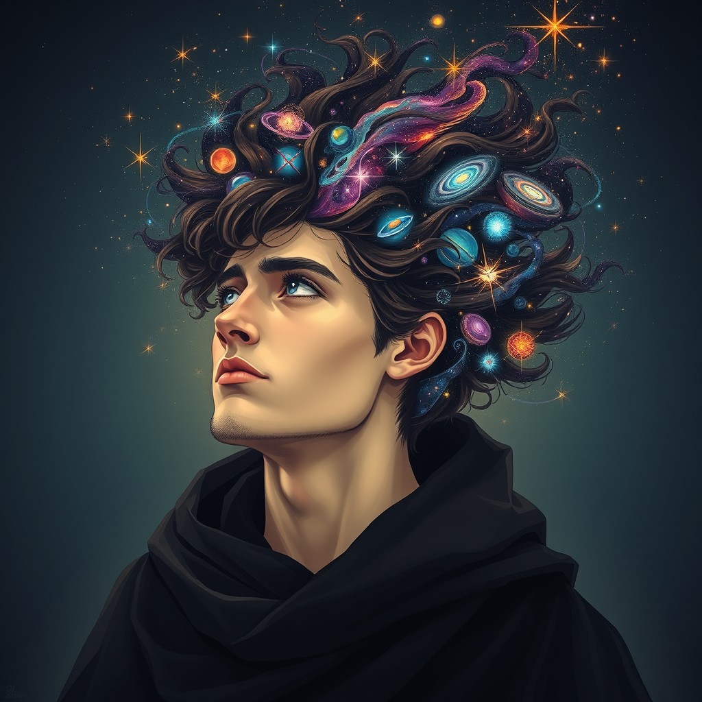 A male human stargazer appears with a pensive expression as he gazes into the void of space