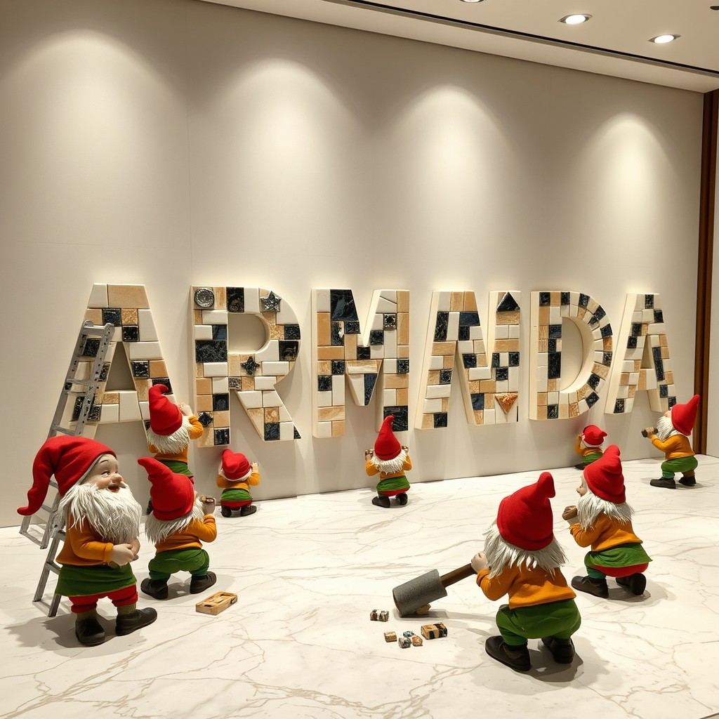 Inside an upscale ceramic and marble store, ten little dwarfs are immersed in a creative task: assembling the store name 'ARMADA' from real ceramic and marble pieces