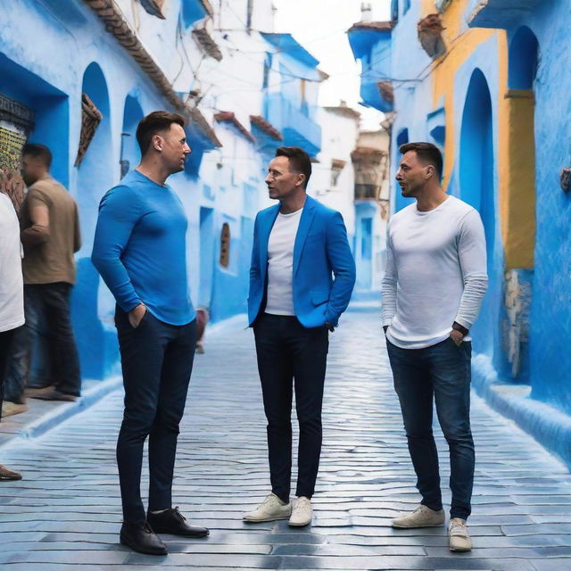 Elon Musk, Cristiano Ronaldo, and Lionel Messi conversing in the vibrant blue streets of Chefchaouen, Morocco.