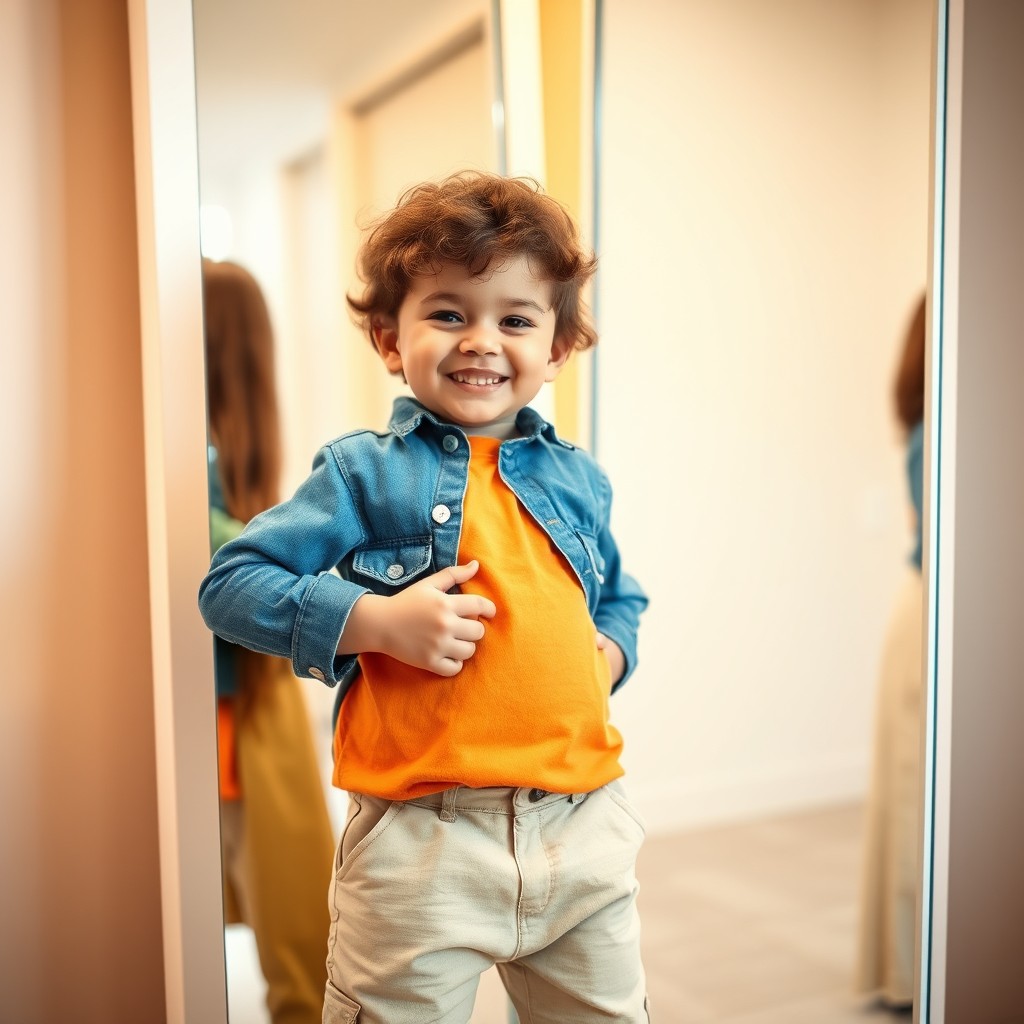 A proud child standing next to a mirror, wearing stylish and clean clothes