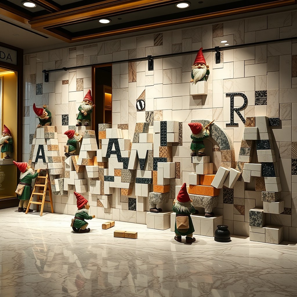 In a luxurious ceramic and marble shop, a group of 10 whimsical dwarfs are engaged in a creative act, meticulously constructing the name 'ARMADA' using real ceramic and marble pieces