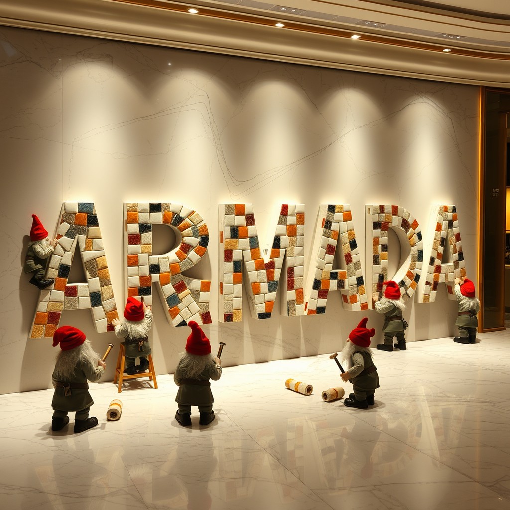 In a luxurious ceramic and marble shop, ten dwarfs are busy working creatively to form the shop's name "ARMADA" using real pieces of ceramic and marble
