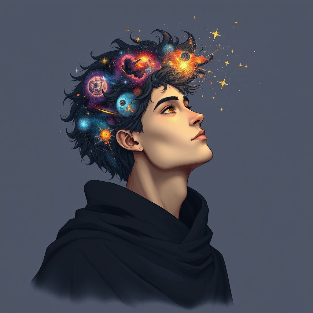 A male human stargazer, portrayed with a serene and thoughtful expression as he looks toward the cosmos