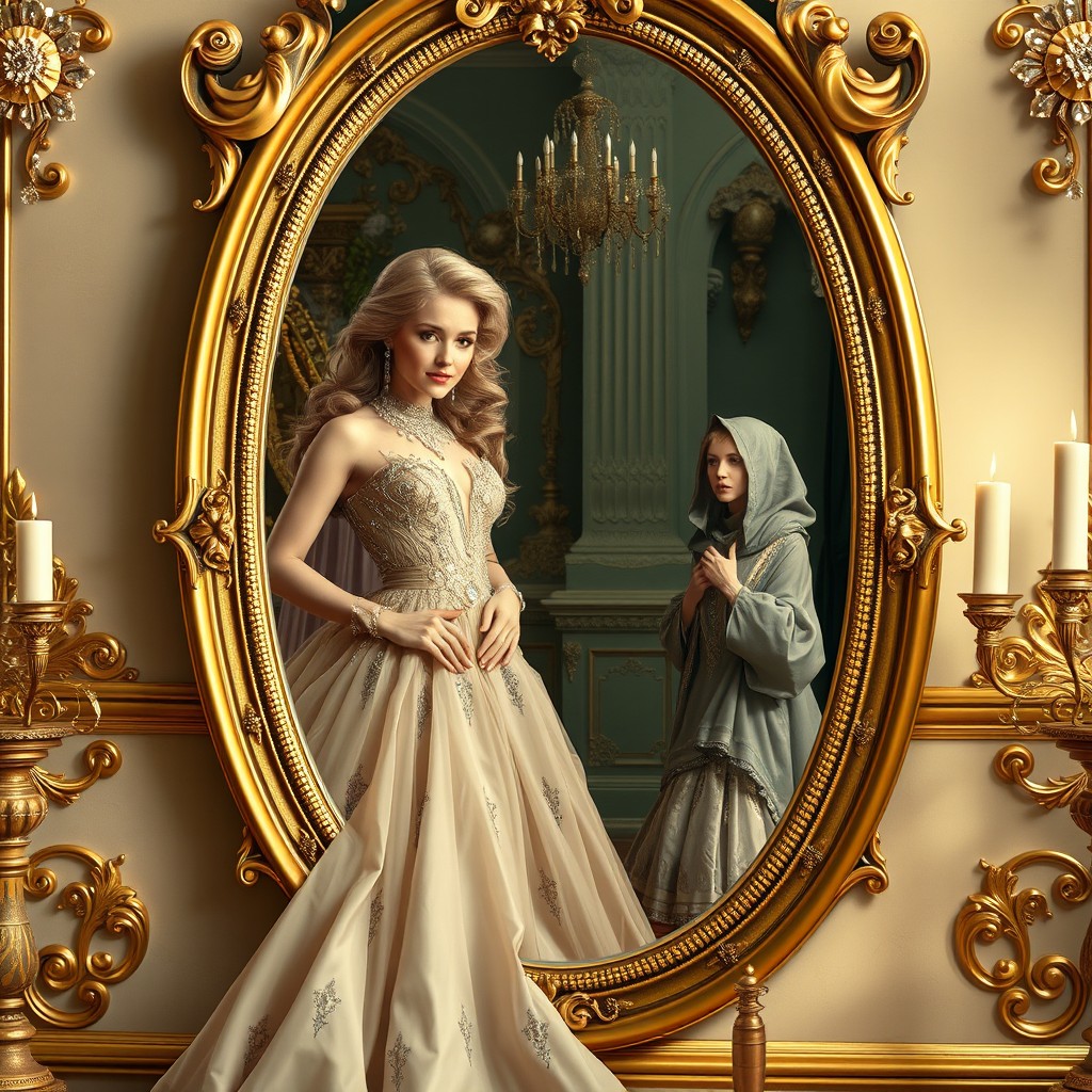 A wealthy, glamorous woman, dressed in an elegant, luxurious gown, standing inside a beautifully ornate mirror