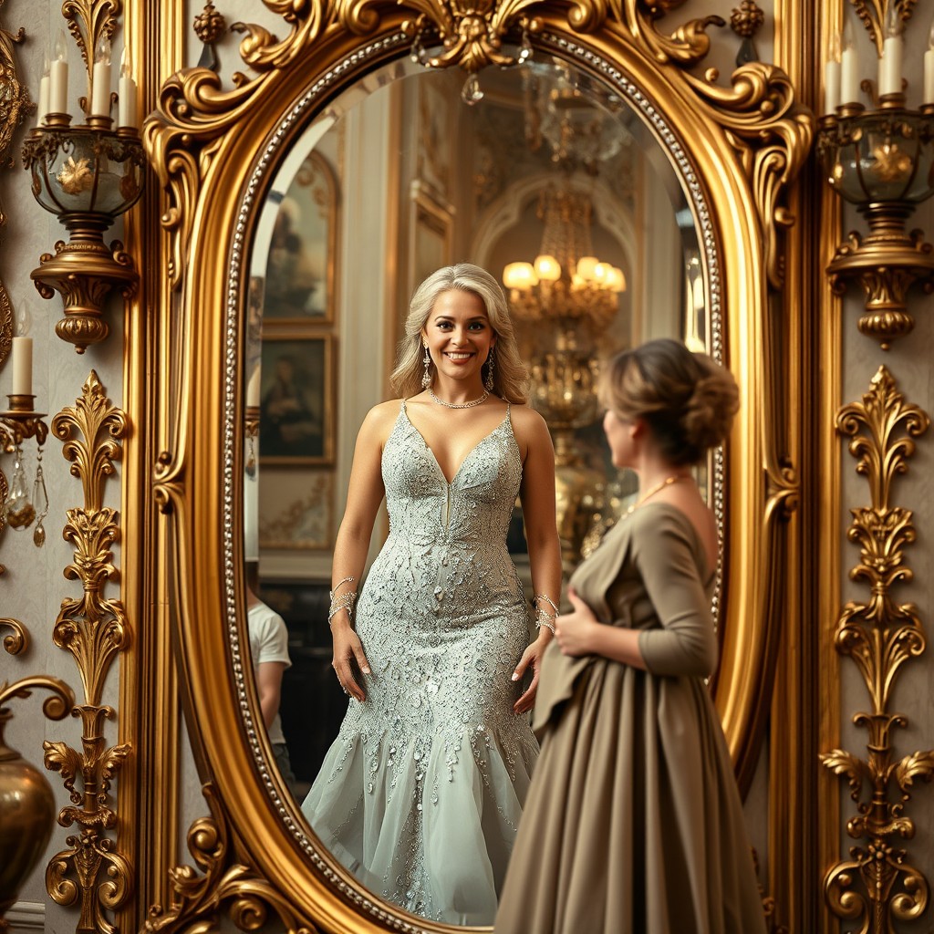 A wealthy, glamorous woman, elegantly attired in a sparkling, designer gown, stands within the confines of a beautifully ornate mirror