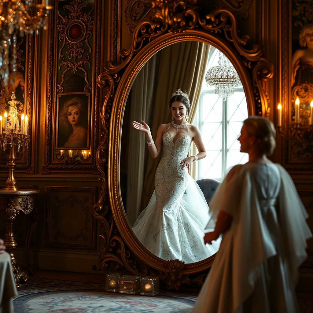 A glamorous, millionairess elegantly dressed in a stunning evening gown, standing inside an exquisite, antique mirror