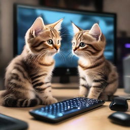 Two adorable tabby kittens, one with long fur, sitting at a desk and seemingly playing World of Warcraft on a PC, with elements of gameplay visible on the screen.