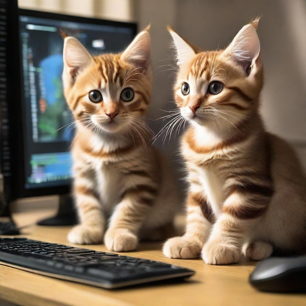 Two adorable tabby kittens, one with long fur, sitting at a desk and seemingly playing World of Warcraft on a PC, with elements of gameplay visible on the screen.