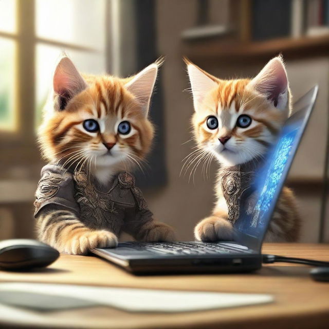 Two adorable tabby kittens, one with long fur, sitting at a desk and seemingly playing World of Warcraft on a PC, with elements of gameplay visible on the screen.