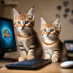 Two adorable tabby kittens, one with long fur, sitting at a desk and seemingly playing World of Warcraft on a PC, with elements of gameplay visible on the screen.